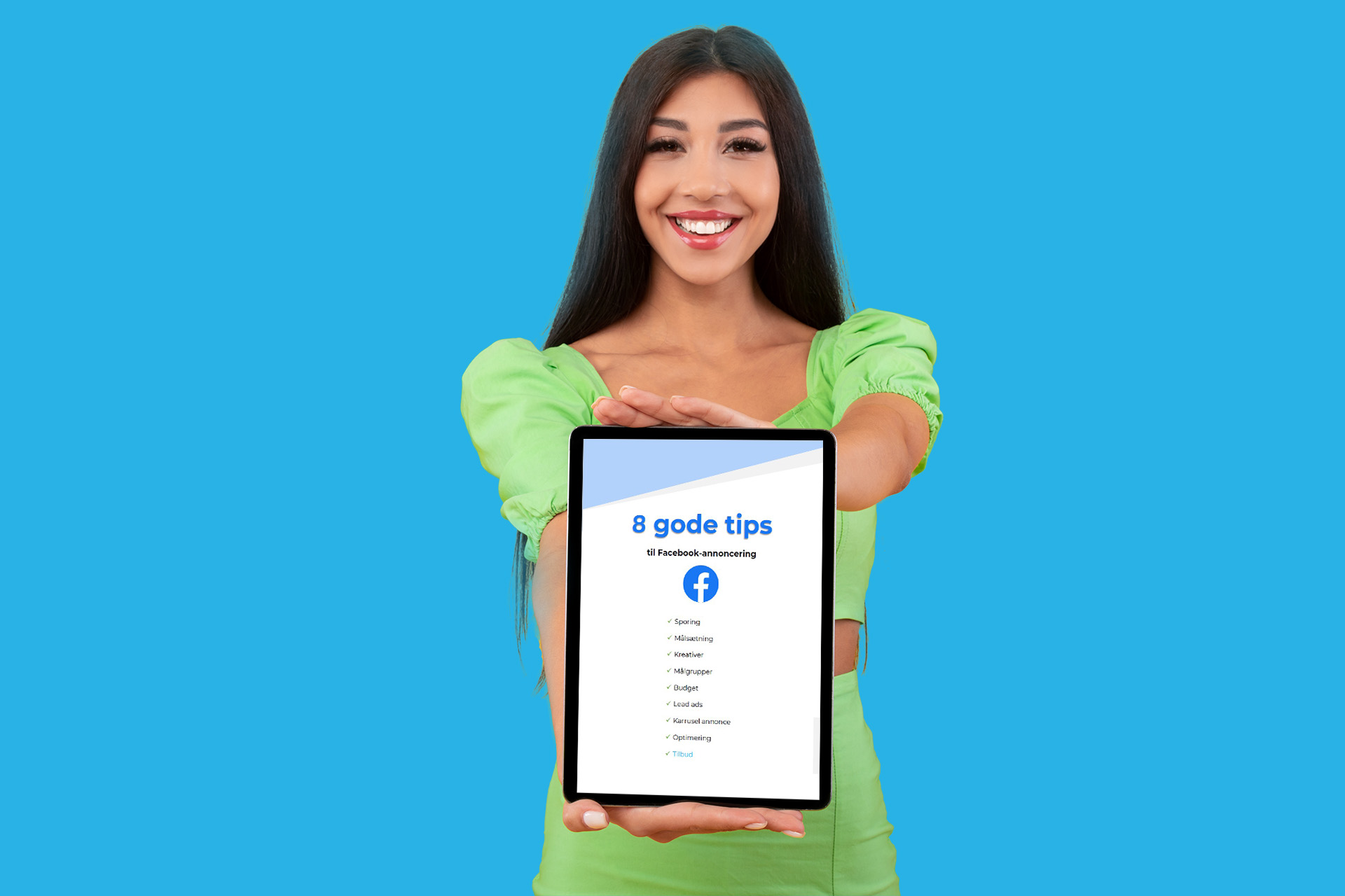 Website Ad Promo, Great Offer. Happy young woman holding digital tablet with facebook guide